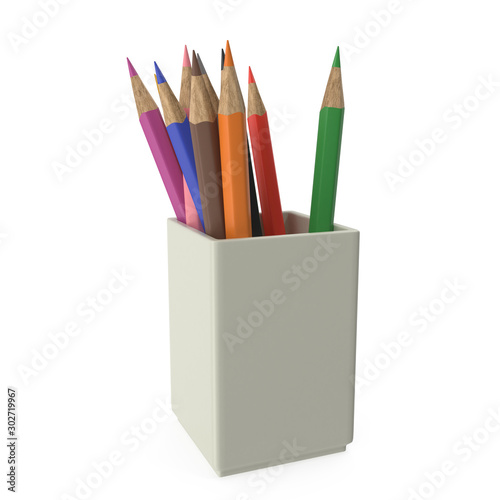 11 colored pencils stand in a white glass on white background (isolated on white background) 3D-Rendering