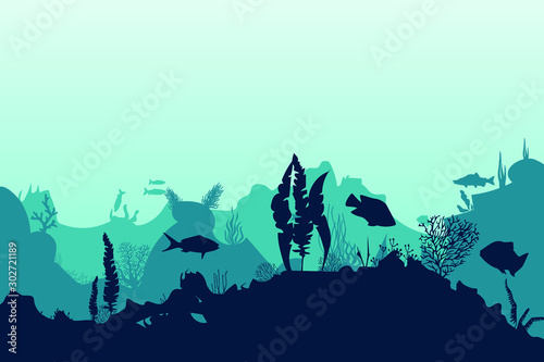  Sea scene with the underwater world. Coral reefs. Tropical sea with water mimicry and its inhabitants. Silhouette of fish and algae. Vector.