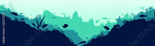  Sea scene with the underwater world. Coral reefs. Tropical sea with water mimicry and its inhabitants. Silhouette of fish and algae. Vector.