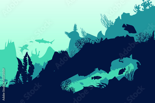  Sea scene with the underwater world. Coral reefs. Tropical sea with water mimicry and its inhabitants. Silhouette of fish and algae. Vector.