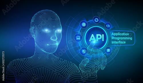 API. Application Programming Interface, software development tool, information technology and business concept on virtual screen. Wireframed cyborg hand touching digital interface. AI. Vector.