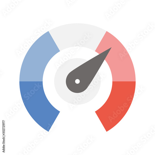 Radial gauge scale from red to blue with arrow hand pointer. Satisfaction, temperature, risk, rating, performance and feedback indicator or speed tachometer. Vector illustration