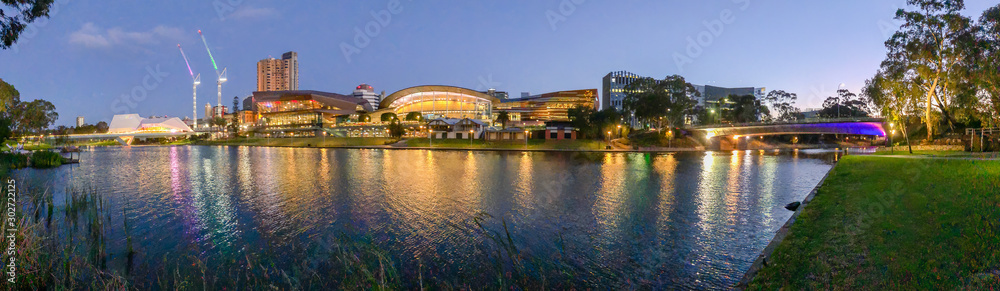 Fototapeta premium Adelaide panoramic view at night and Karrawirra Parri RIver