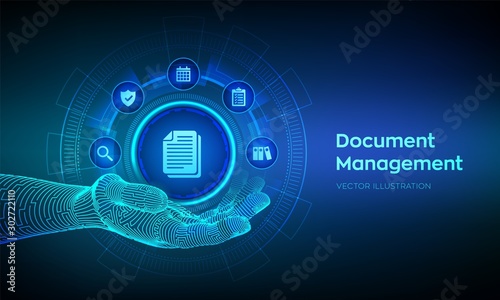 DMS. Document Management Data System. Document icon in robotic hand. Corporate data management system. Privacy data protection. Business Internet Technology Concept. Vector illustration.
