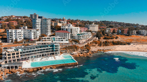 Amazing aerial view of Bondi Beach landscape in Sydney, Australia. Drone viewpoint on a sunny morning