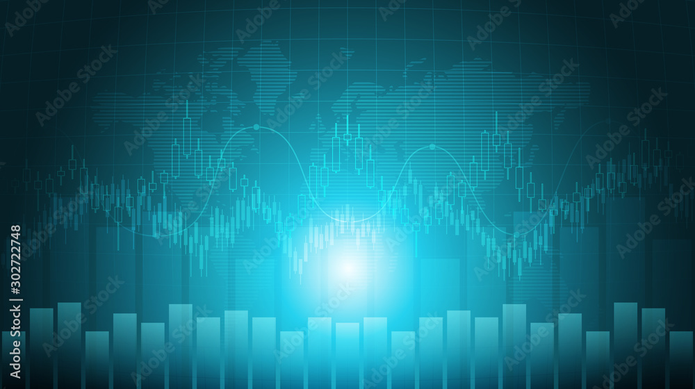 Abstract financial chart with line graph and world map in stock market on blue color background Abstract financial chart with line graph and world map in stock market on blue color background