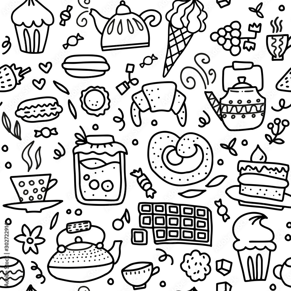 Tea and sweets seamless doodle pattern. Outline hand drawn illustration about coffee or tea time - coffee, tea, cupcake, cups, candy, lollipops