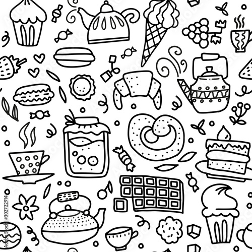 Tea and sweets seamless doodle pattern. Outline hand drawn illustration about coffee or tea time - coffee, tea, cupcake, cups, candy, lollipops