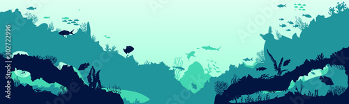  Sea scene with the underwater world. Coral reefs. Tropical sea with water mimicry and its inhabitants. Silhouette of fish and algae. Vector.