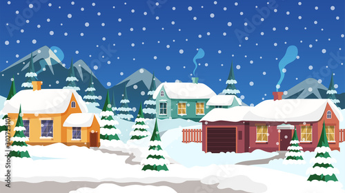 Rural winter landscape flat illustration