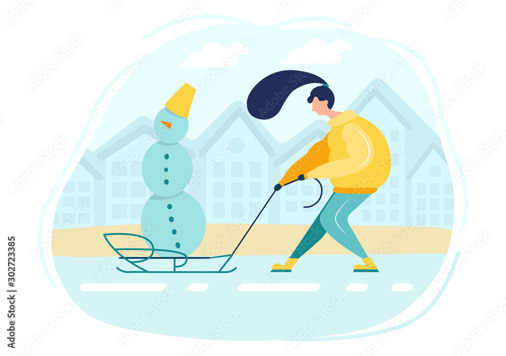 Girl in hat and warm clothes makes a snowman and lugs him on sled. Flat illustration isolated character on white background. Walking Outdoors house, holiday mood