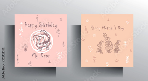 A set of cards for birthday, children's birthday, mother's day. A cute character in pastel colors is manually drawn. Vector 10 EPS.