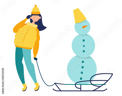 Girl in hat and warm clothes makes a snowman and lugs him on sled. Flat illustration isolated character on white background. Walking Outdoors