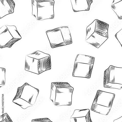 Sugar cube seamless pattern. Hand drawn ice cube wallpaper.