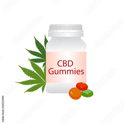 CBD gummies bottle and green medical marijuana leaves isolated on white background.