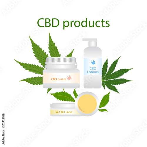 CBD products cream, salve, lotion  with green medical marijuana leaves isolated on white background.