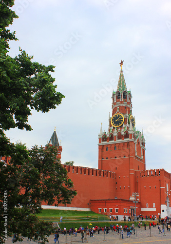 Spasskaya Tower of the Kremlin in Moscow, Russia. Architecture of on Red Square, main square of the capital of Russia