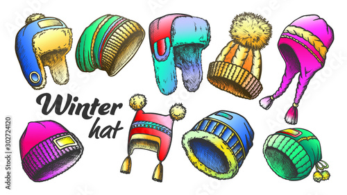 Winter Hat Clothing Accessory Retro Set Vector. Collection Of Woollen Hap With Fluffy Pompons And Fur, Earflap And Visor Engraving Concept Template Designed In Vintage Style Color Illustrations