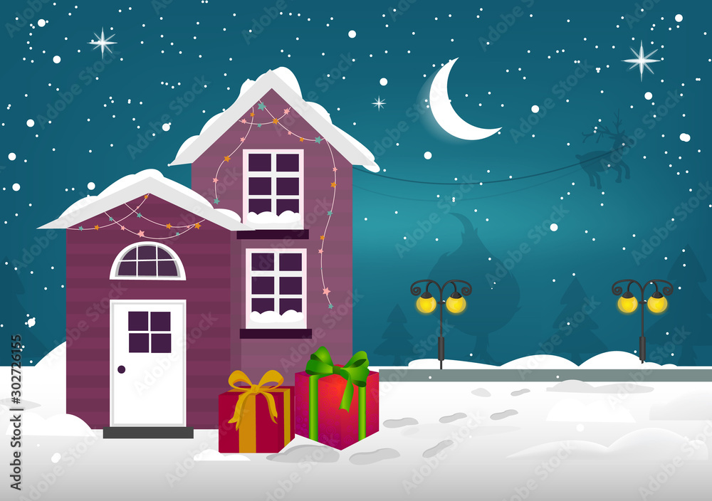 Merry Christmas and happy new year, town in winter. Illustrations with urban winter house and city landscape.Vector Merry Christmas and happy new year, town in winter. Illustrations with urban winter house and city landscape.Vector