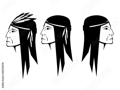 north american indian warrior profile head - native tribal chief side view black and white vector portrait