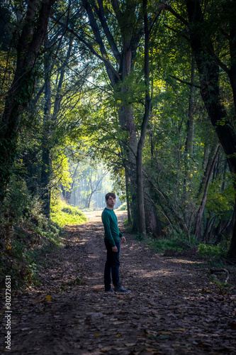 lonely man walking on an enchanted forest
