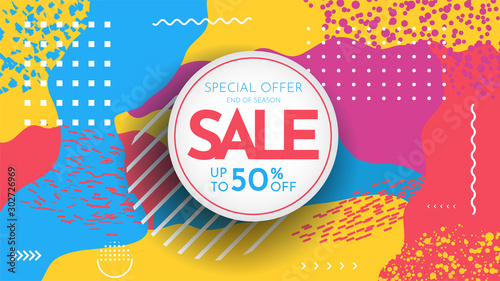 Vector Memphis pattern with white geometric elements. Line and dots in trendy 80s-90s style. Pop art design. Color background with bright yellow, red, blue and violet paint splash. Fluid concept. Sale