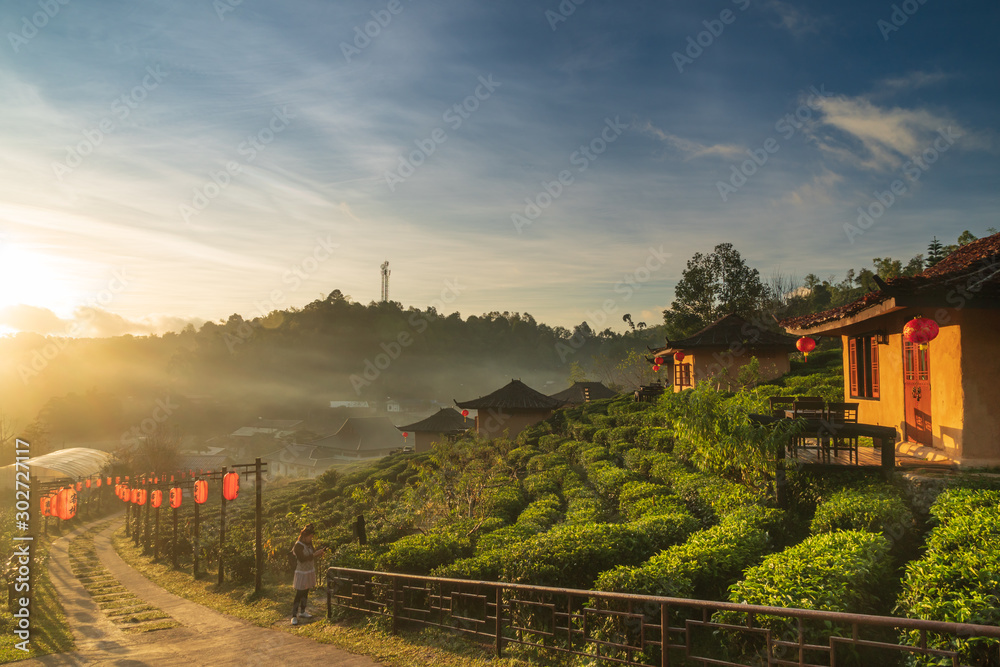 Sunrise in the morning at Lee Wine Resort or Lee Wine Clay houses among the tea plant on the hill slope at Ban Rak Thai , Mae Hong Son province, Thailand.