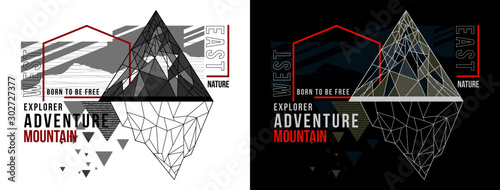 Vector nature adventure T-shirt design with triangle and line geometric abstract for silkscreen printing  on white,black background