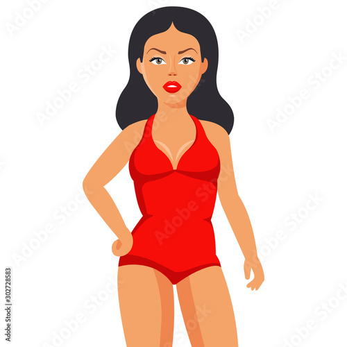tanned girl in a closed red swimsuit. Flat character vector illustration.