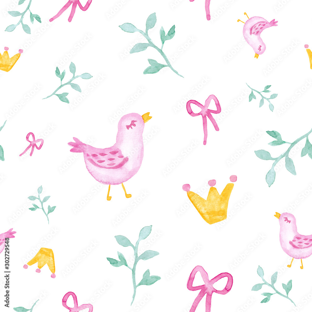 Pink birds with branches and princess crown watercolor painting - hand drawn seamless pattern on white background