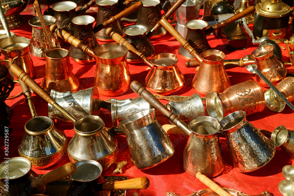 Rows of Armenian Coffee Boilers for Sale in the Market of Yerevan, Armenia Rows of Armenian Coffee Boilers for Sale in the Market of Yerevan, Armenia