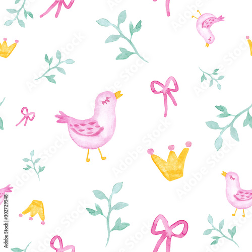 Pink birds with branches and princess crown watercolor painting - hand drawn seamless pattern on white background
