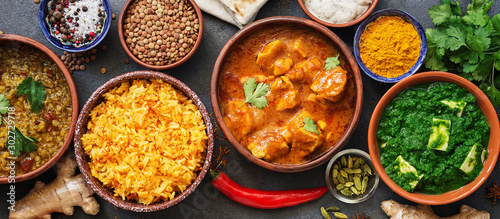 Border variety of Indian dishes. Traditional Indian Food Set. Top view, flat lay.