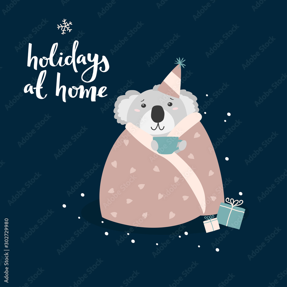 Coala bear celebrating Christmas at home. Cute vector cartoon character.