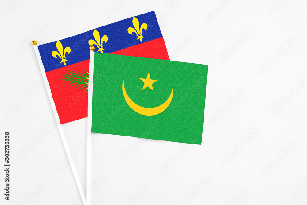 Mauritania and Guadeloupe stick flags on white background. High quality fabric, miniature national flag. Peaceful global concept.White floor for copy space. Mauritania and Guadeloupe stick flags on white background. High quality fabric, miniature national flag. Peaceful global concept.White floor for copy space.
