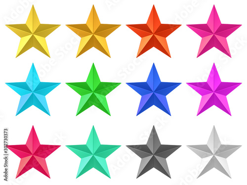 3d rendering. colorful Golden Five pointed star with clipping path set collection isolated on white background.