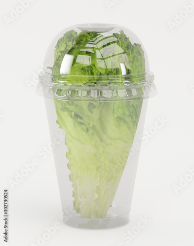 Plastic transparent fresh containers with salad on a white background 3D-Rendering