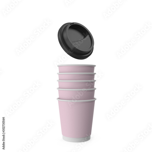 Pink coffe paper cups and a black plastic lid on a white background 3D-Rendering