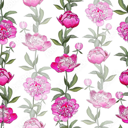 Floral seamless pattern with pink flowers Peonies and green leaves on white background. Hand drawn. Watercolor style. For your design  textile  wallpapers  print  greeting. Vector stock illustration.