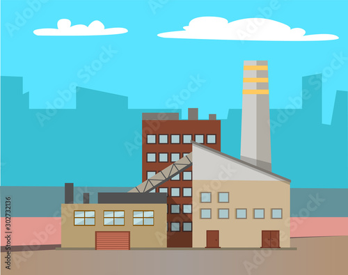Industrial enterprises vector, cityscapes and cities with factories. Smoke and fumes from pipes, industry development, manufacture old town structure. Urbanscape road Building of factory. Flat cartoon
