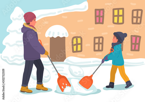 Father with child shoveling snow. Man with boy in warm clothes cleaning snow outdoors in winter city.