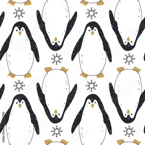 Merry Christmas seamless pattern with penguins. Cute Hand-drawn illustration. Animals pattern. Texture for baby bedding, and gift wrapping.