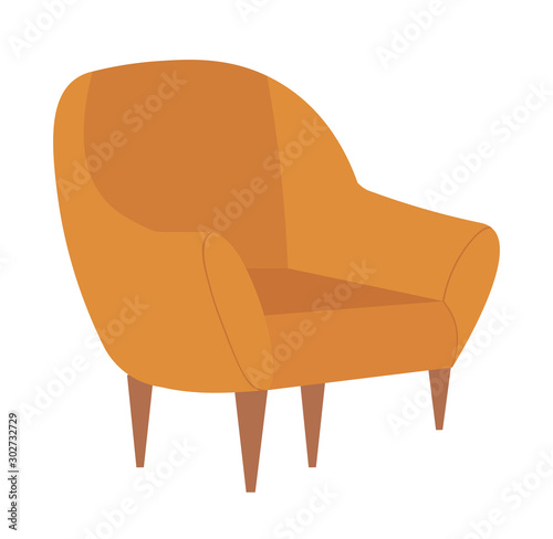 Chair with wooden legs vector, isolated armchair in vintage style, comfort in house, home interior armchair with soft texture, comfortable furniture