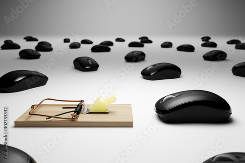 3D Rendered Computer Mice and Mousetrap Conceptual Clickbait Image