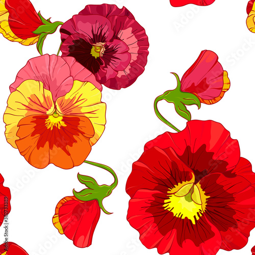  Red and orange pansies, pansy viola flowers. seamless vector pattern