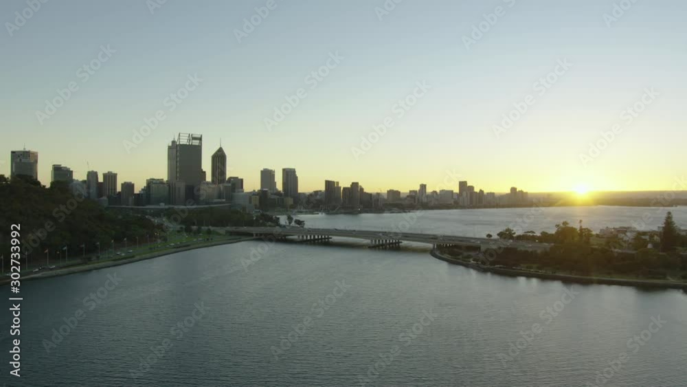 Aerial sunrise view vehicles crossing Narrows Bridge Perth Aerial sunrise view vehicles crossing Narrows Bridge Perth