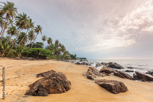 Cameroon, South Region, Ocean Department, Kribi, sandy beach and palm trees by the sea photo