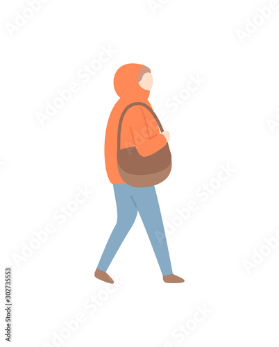 Woman walking carrying handbag and wearing cold seasonal clothes vector. Lady outdoor going home, wintertime frost and warming clothing on female