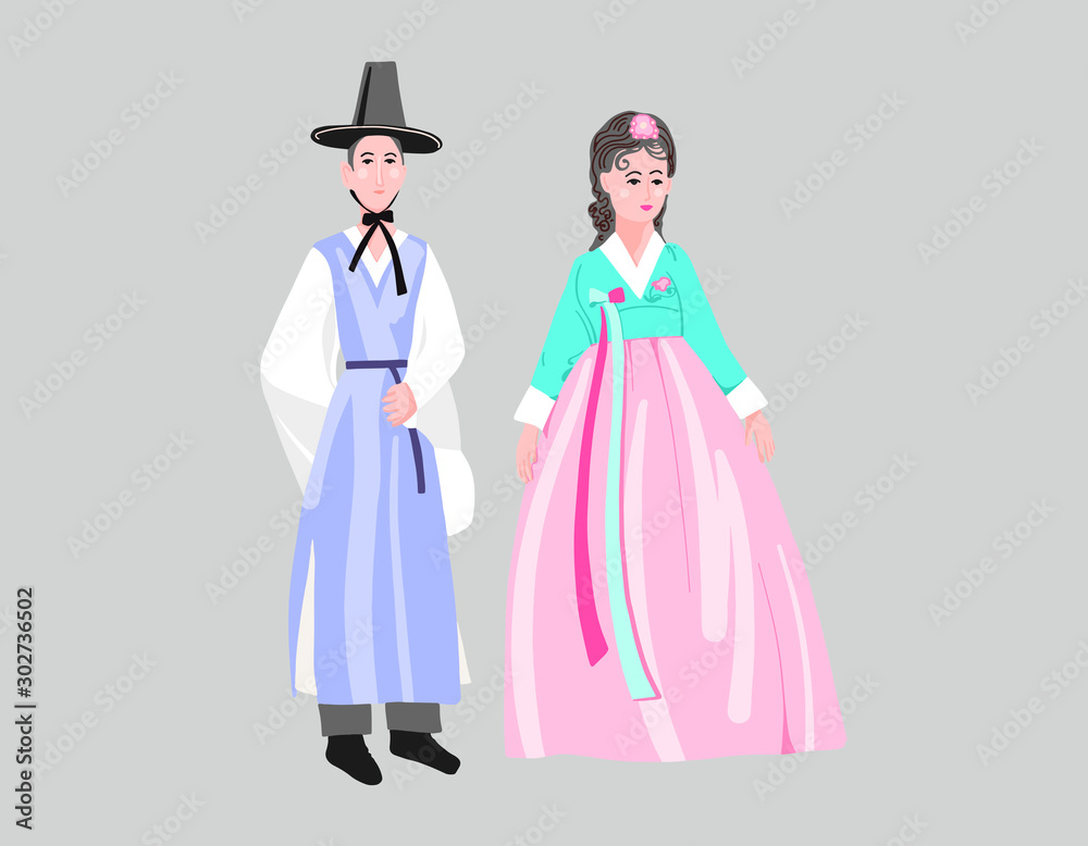 couple in traditional korean dresses, wear korean hanbok costume couple in traditional korean dresses, wear korean hanbok costume