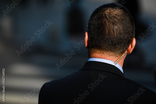 Protection and Guard Service (SPP, Romanian version of the US Secret Service) officer is on guard during a public visit of a dignitary.